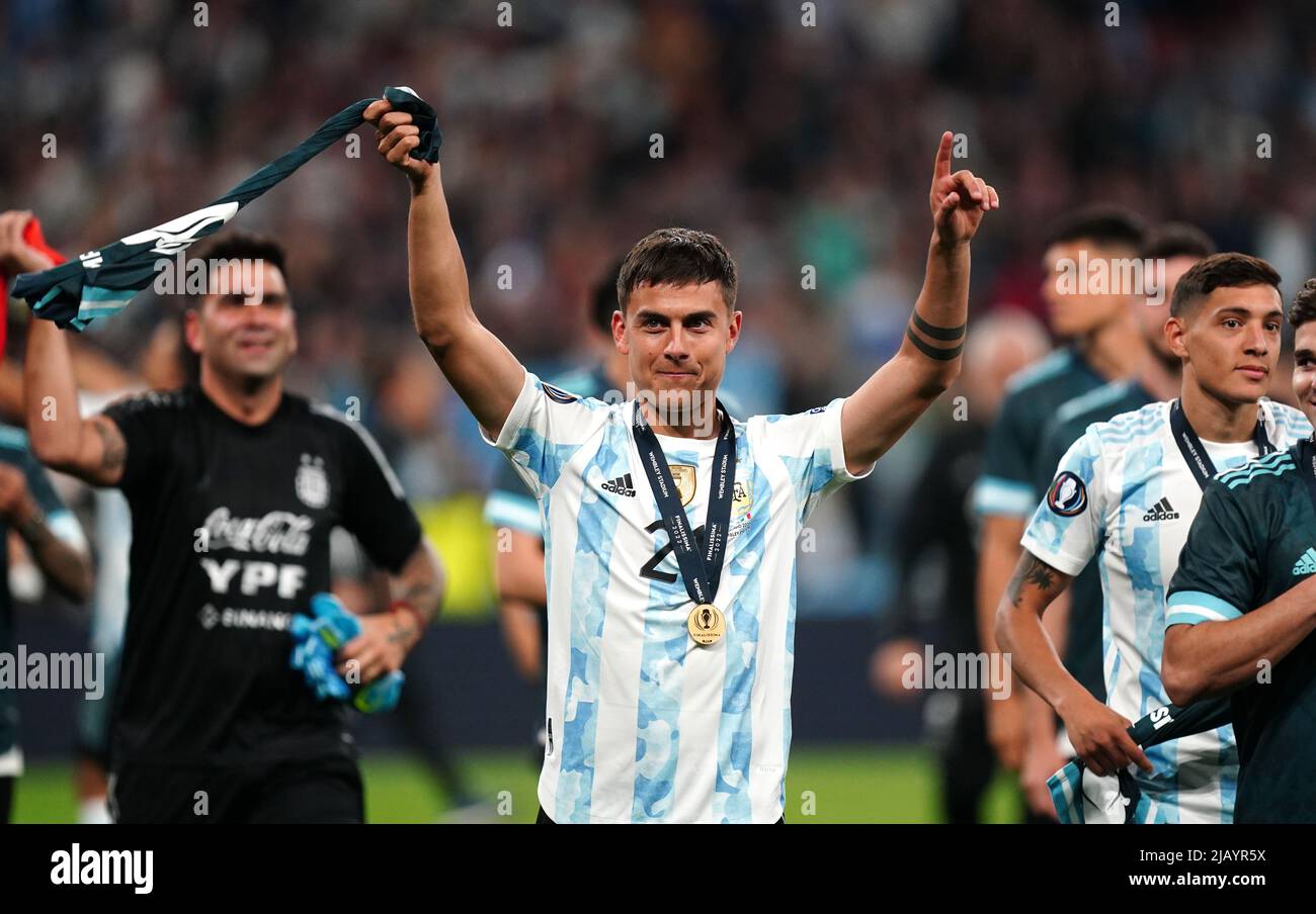 Argentina's Paulo Dybala celebrates after the Finalissima 2022 match at Wembley Stadium, London. Picture date: Wednesday June 1, 2022. Stock Photo