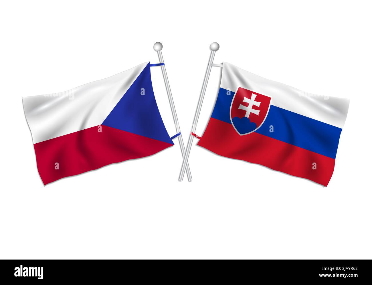 Czechia and Slovakia flag waves on a flagpole, Czechoslovakia flags
