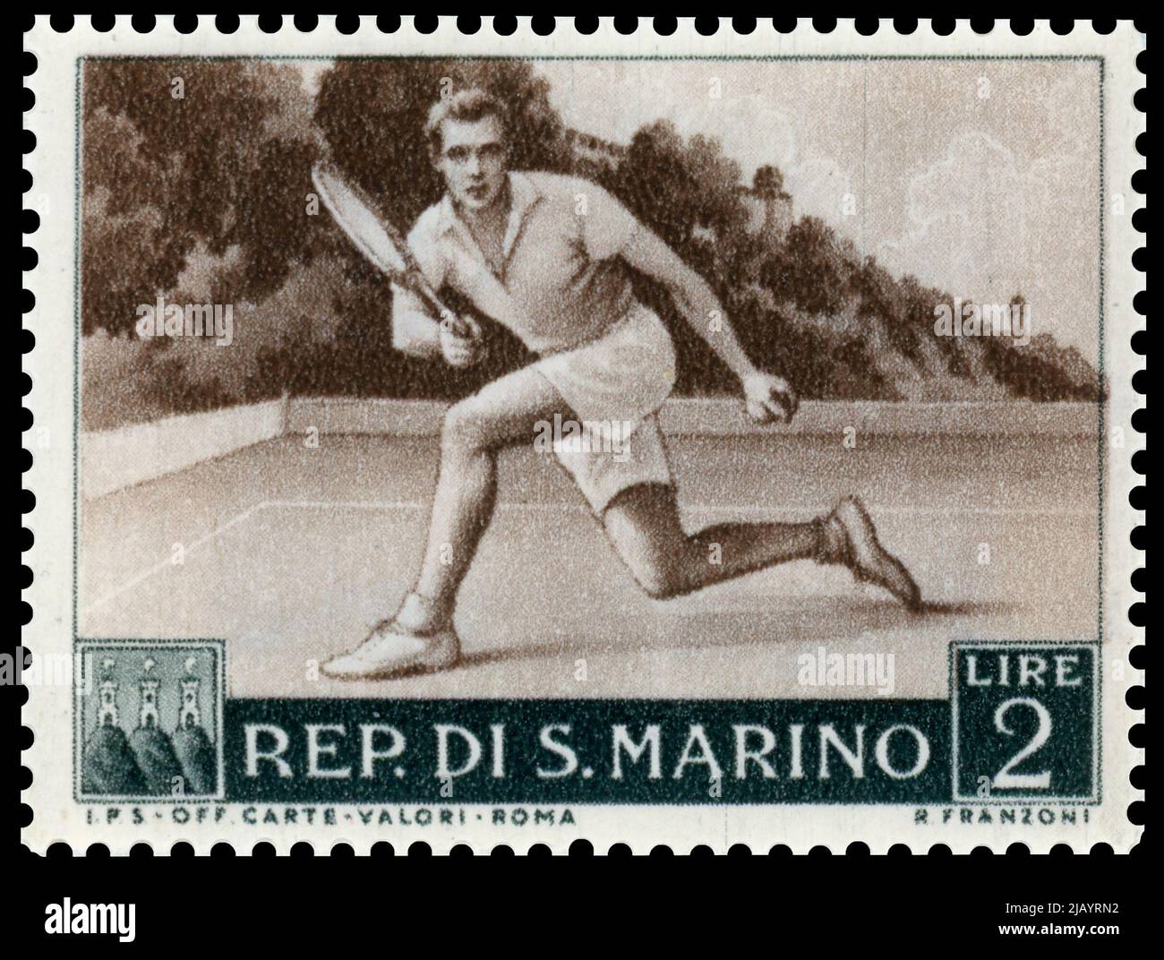 Tennis player depicted on San Marino postage stamp. Stock Photo