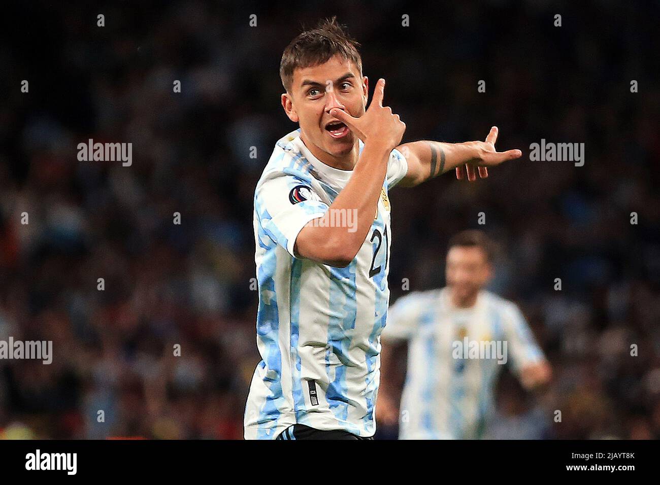 London, UK. 01st June, 2022. Paulo Dybala of Argentina celebrates after scoring his teams 3rd goal. Finalissima 2022 match, Italy v Argentina at Wembley Stadium in London on Wednesday 1st June 2022. Editorial use only. pic by Steffan Bowen/Andrew Orchard sports photography/Alamy Live news Credit: Andrew Orchard sports photography/Alamy Live News Stock Photo