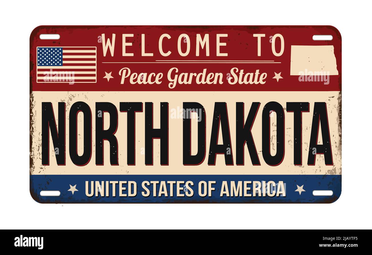 Welcome to North Dakota vintage rusty license plate on a white background, vector illustration Stock Vector