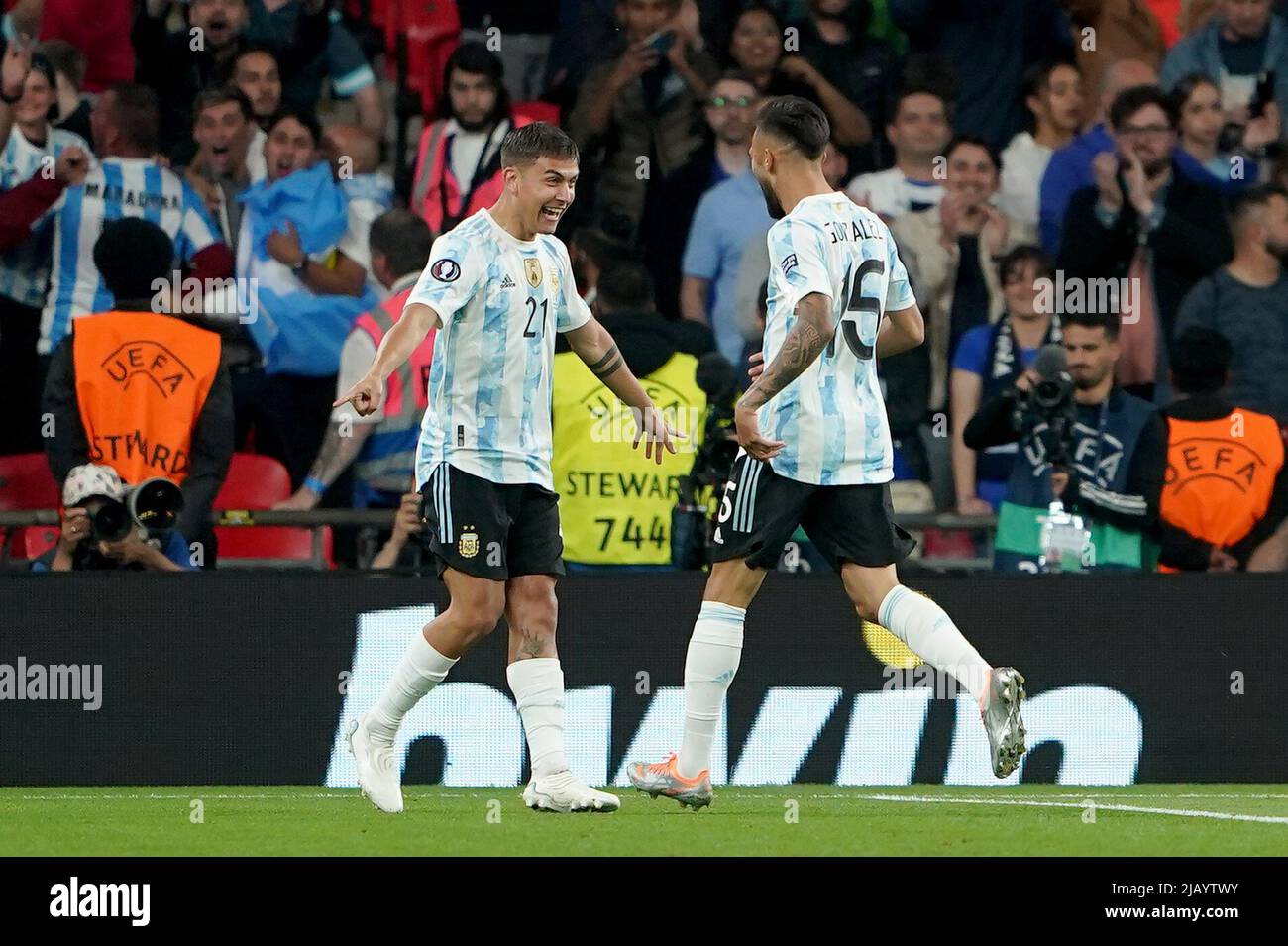 Argentina’s Paulo Dybala celebrates scoring his sides third goal during the Finalissima 2022 match at Wembley Stadium, London. Picture date: Wednesday June 1, 2022. Stock Photo