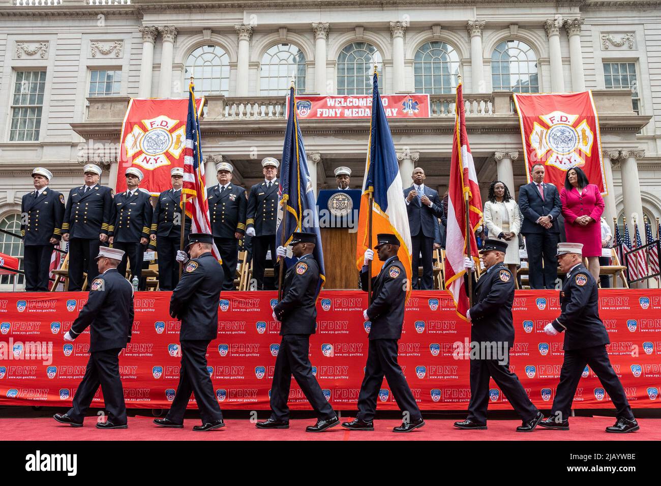 New York, USA. 01st June, 2022. The FDNY Color Guard presents the flags