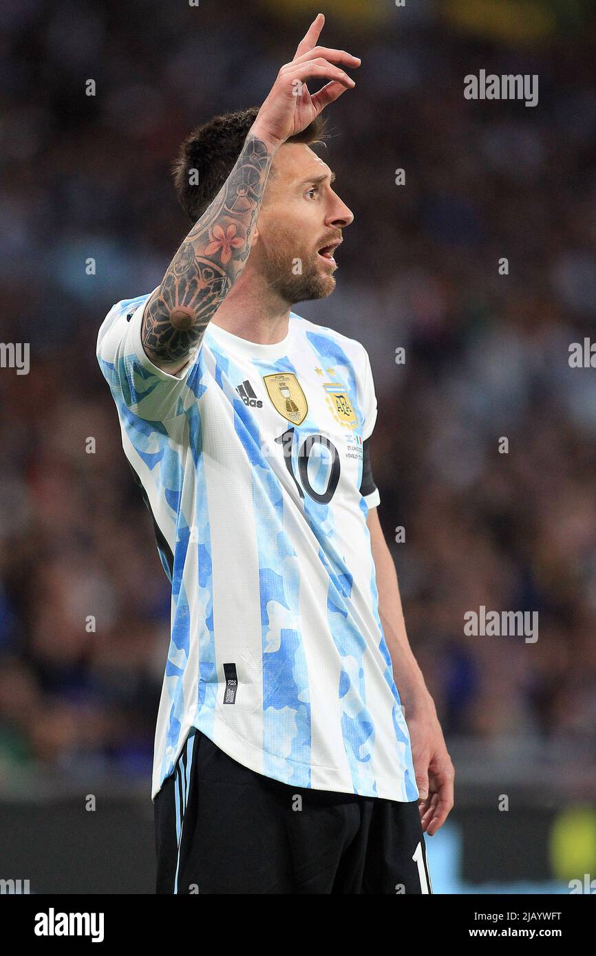 London, UK. 01st June, 2022. Lionel Messi of Argentina looks on.Finalissima 2022 match, Italy v Argentina at Wembley Stadium in London on Wednesday 1st June 2022. Editorial use only. pic by Steffan Bowen/Andrew Orchard sports photography/Alamy Live news Credit: Andrew Orchard sports photography/Alamy Live News Stock Photo