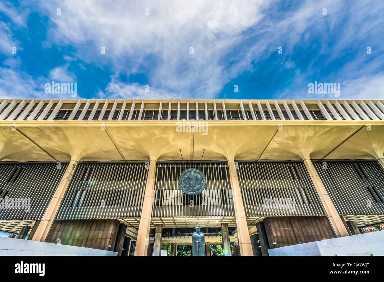 Entrance Seal Father Damien Statue State Capitol Building Legislature Honolulu Hawaii Buidling created 1960s Damien Catholic saint statue created Mari Stock Photo