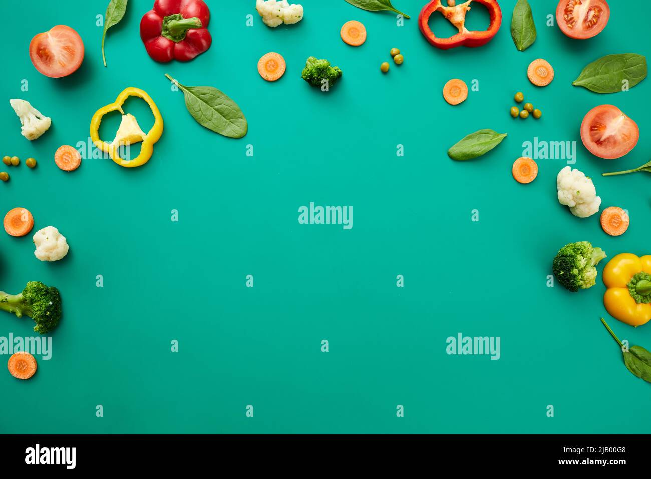 Various fresh vegetables such as tomato, broccoli, peas, bell pepper