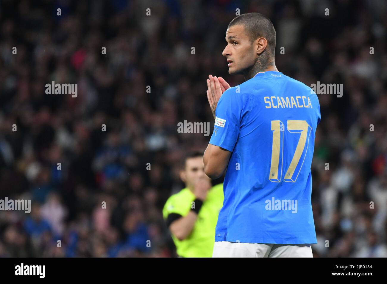 WEMBLEY, ENGLAND - JUNE 1: Gianluca Scamacca of Italy looks on during the Finalissima match between Italy and Argentina at Wembley Stadium on June 1, 2022 in Wembley, England. (Photo by Sara Aribó/PxImages) Credit: Px Images/Alamy Live News Stock Photo