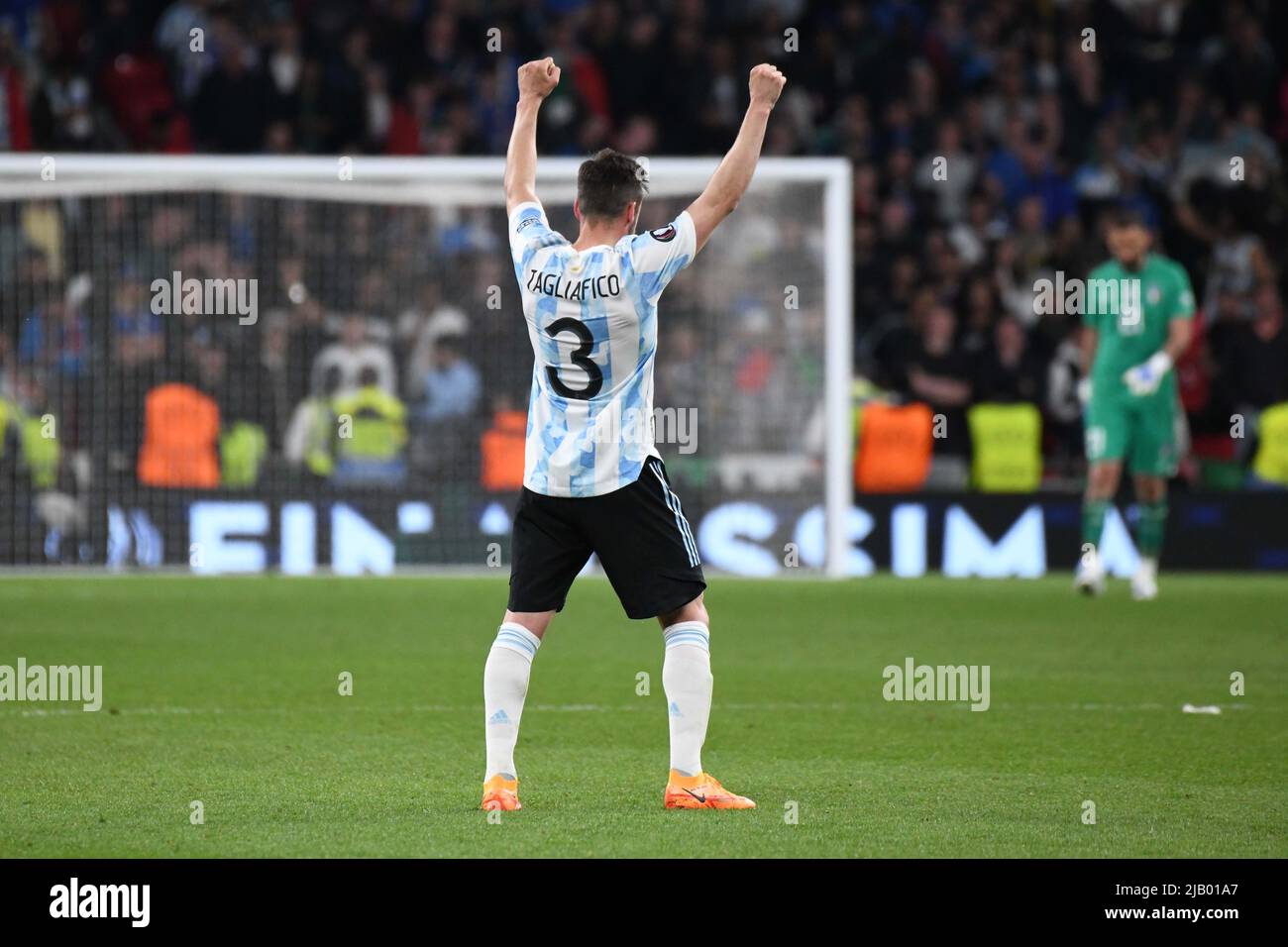 WEMBLEY, ENGLAND - JUNE 1: Tagliafico of Argentina celebrates after Dybala scored a goal during the Finalissima match between Italy and Argentina at Wembley Stadium on June 1, 2022 in Wembley, England. (Photo by Sara Aribó/PxImages) Credit: Px Images/Alamy Live News Stock Photo
