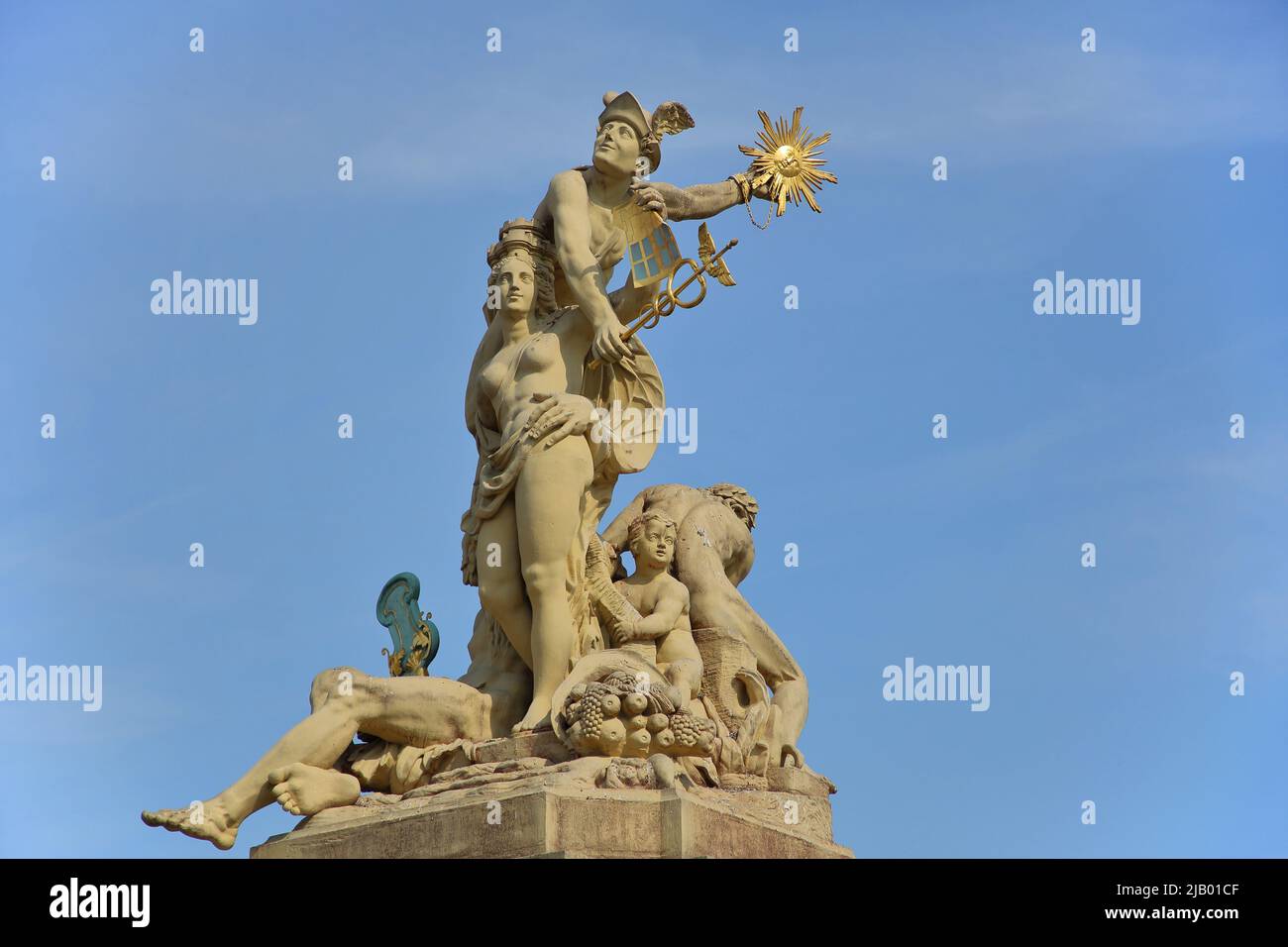 Detail at the market fountain with Mercury and the city goddess Rhine in Mannheim, Hesse, Germany Stock Photo