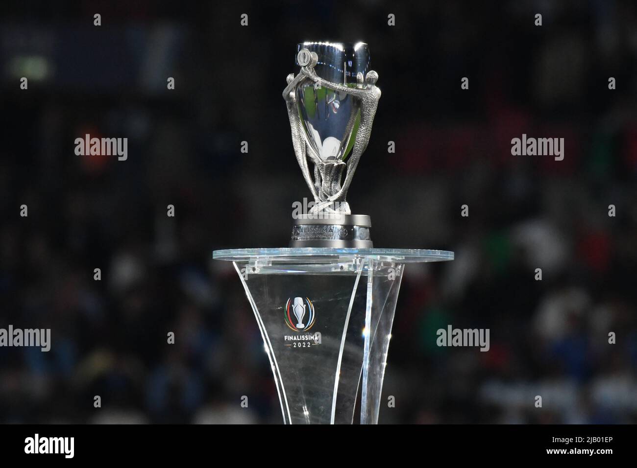WEMBLEY, ENGLAND - JUNE 1: the Finalissima trophy is seen after the match between Italy and Argentina at Wembley Stadium on June 1, 2022 in Wembley, England. (Photo by Sara Aribó/PxImages) Credit: Px Images/Alamy Live News Stock Photo