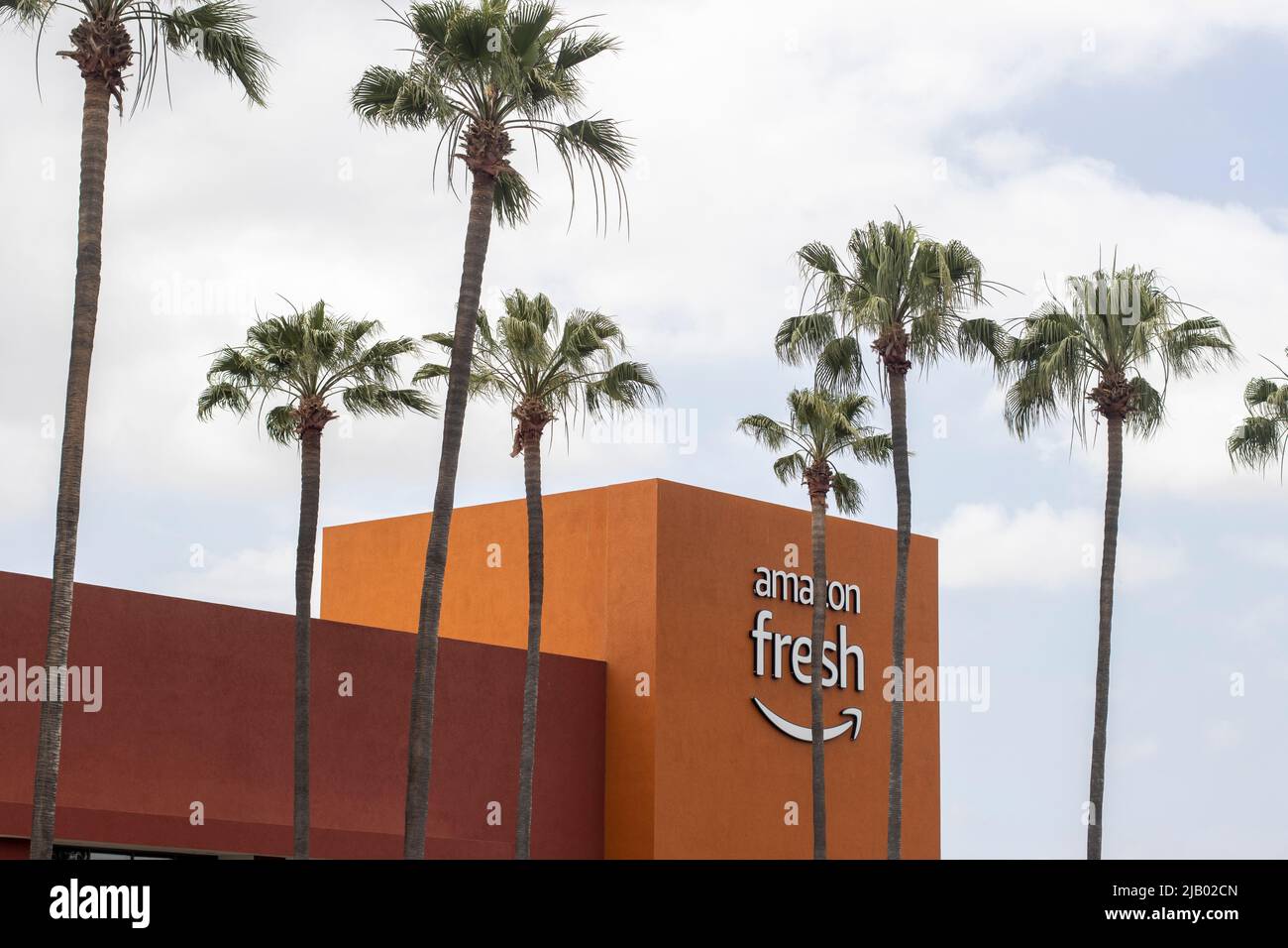 Amazon Fresh logo is seen at an Amazon Fresh grocery store in Irvine, California on Sunday, May 8, 2022. Amazon Fresh is a subsidiary of Amazon.com. Stock Photo