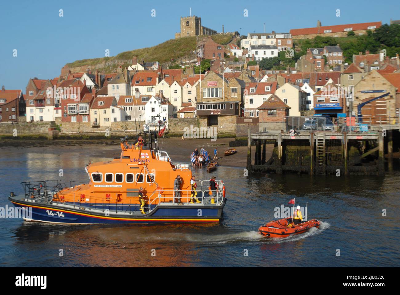 RNLI lifeboat in the harbour, Whitby, North Yorkshire, England, UK ...