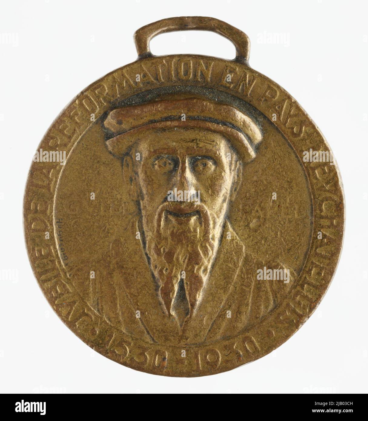 Guillaume Farel; Medal commemorating the 400 years of Reformation in the Neuchâtel canton Huguenin Stock Photo