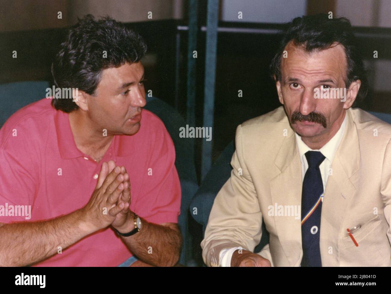 Romanian sport commentator Ionel Stoica & reporter  Mircea M. Ionescu in 1994 Stock Photo