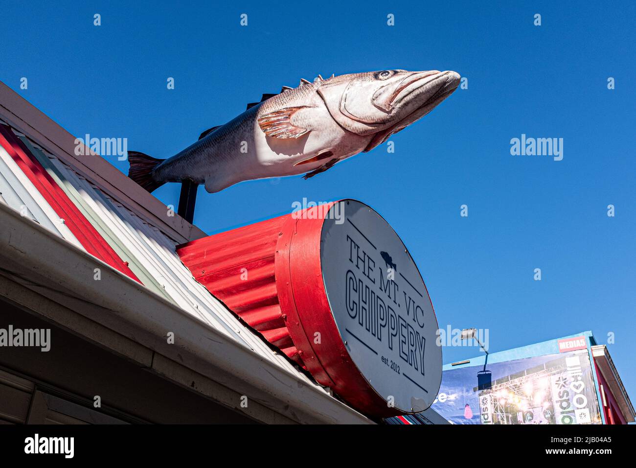 Storefront of the Mt. Vic Chippery Restaurant. Wellington, New Zealand. 03/2015 Stock Photo