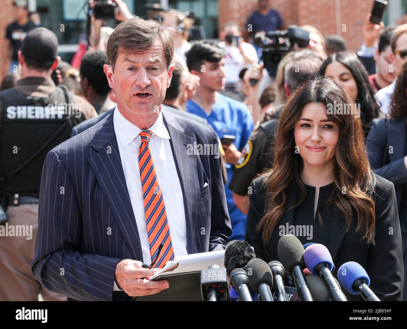 Fairfax, United States. 01st June, 2022. Ben Chew and Camille Vasquez, legal counsel for actor Johnny Depp speak to the media at the Fairfax County Courthouse after Winning a Defamation Case Against Amber Heard on Wednesday June 1, 2022. Johnny Depp was awarded 15 million dollars in the verdict of the Defamation case against actress Amber Heard. Photo by Jemal Countess/UPI Credit: UPI/Alamy Live News Stock Photo