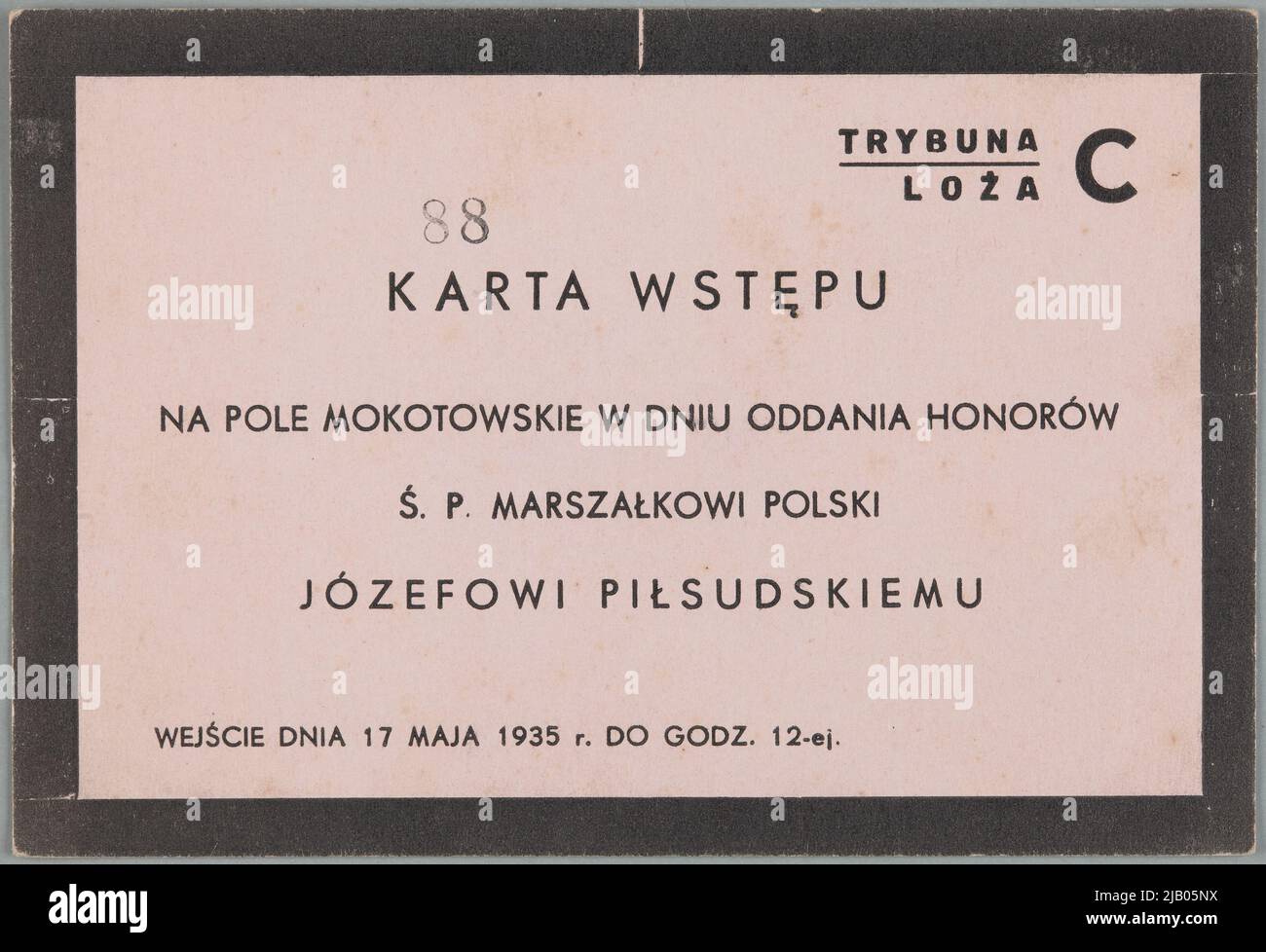 Admission card to the funeral ceremony of the Polish Marshal Józef Piłsudski at the Mokotowskie Fields in Warsaw, May 17, 1935 unknown label Stock Photo