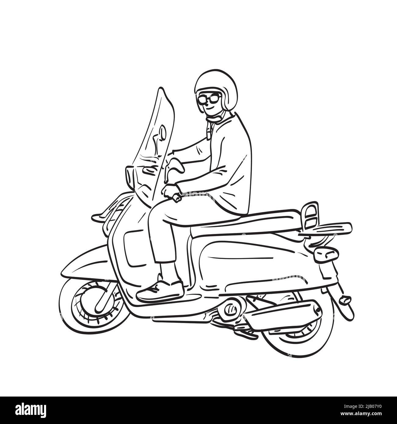 full length man with helmet riding retro motorcycle illustration vector hand drawn isolated on white background line art. Stock Vector