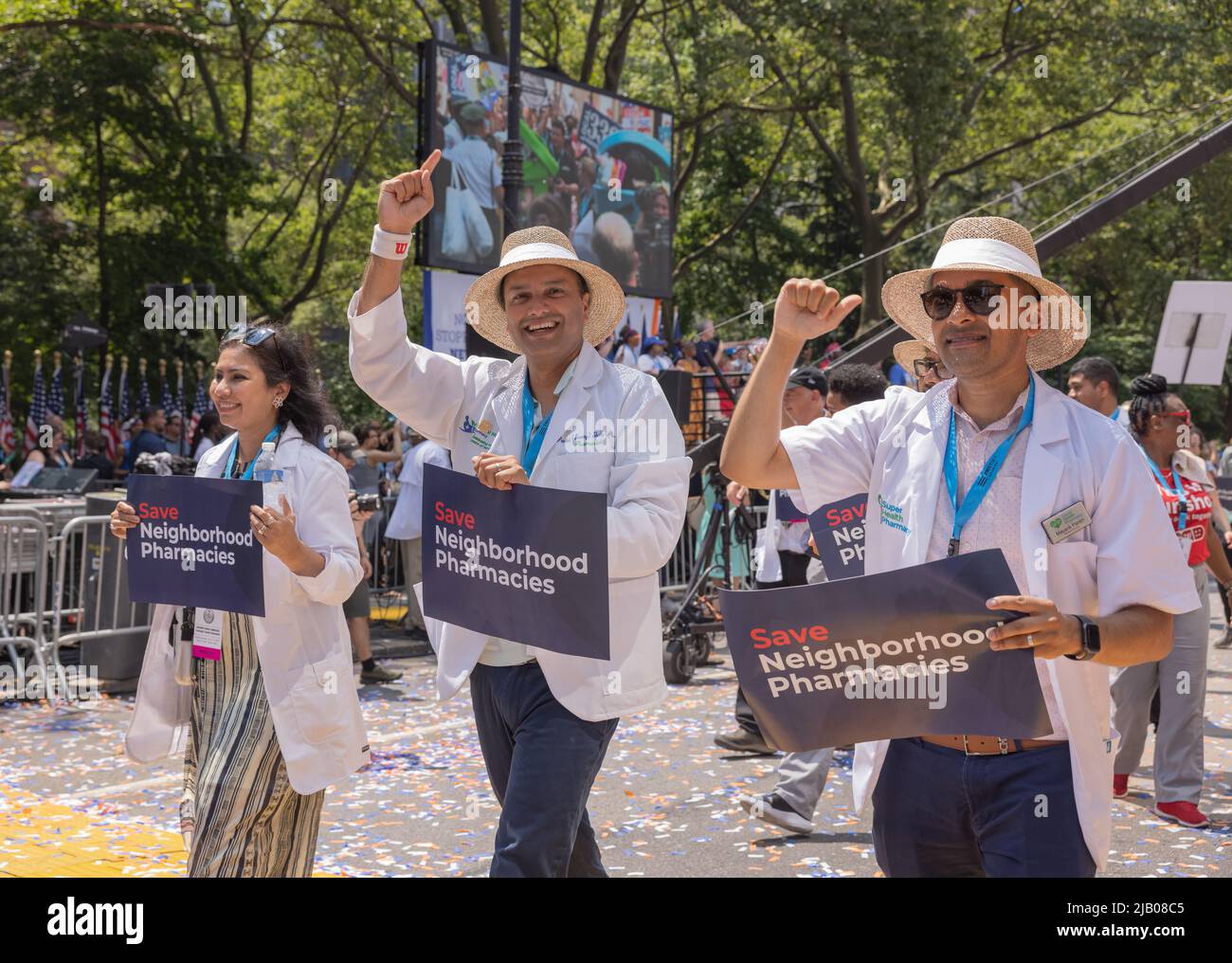 NEW YORK, N.Y. – July 7, 2021: Pharmacists march in New York City’s Hometown Heroes ticker tape parade honoring essential workers. Stock Photo