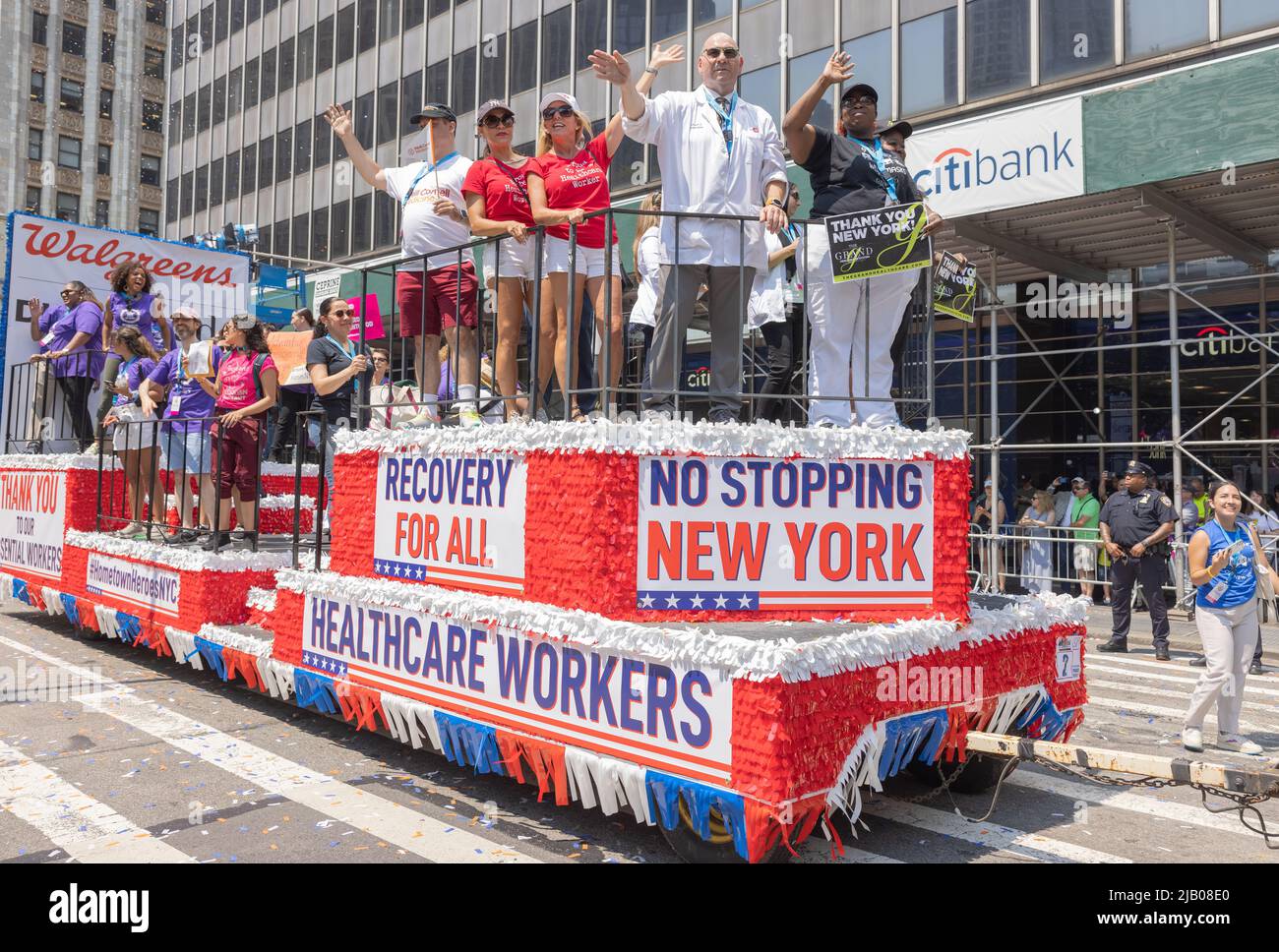 NEW YORK, N.Y. – July 7, 2021: A float honoring health care workers is seen during New York City’s Hometown Heroes ticker tape parade. Stock Photo