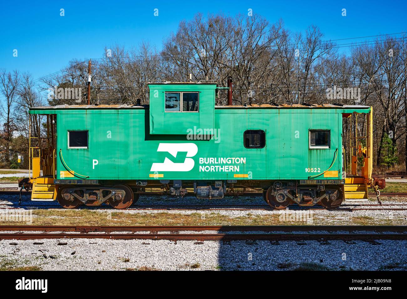 Burlington Northern Railroad train caboose in green at the Heart of Dixie Railroad Museum in Calera Alabama, USA. Stock Photo