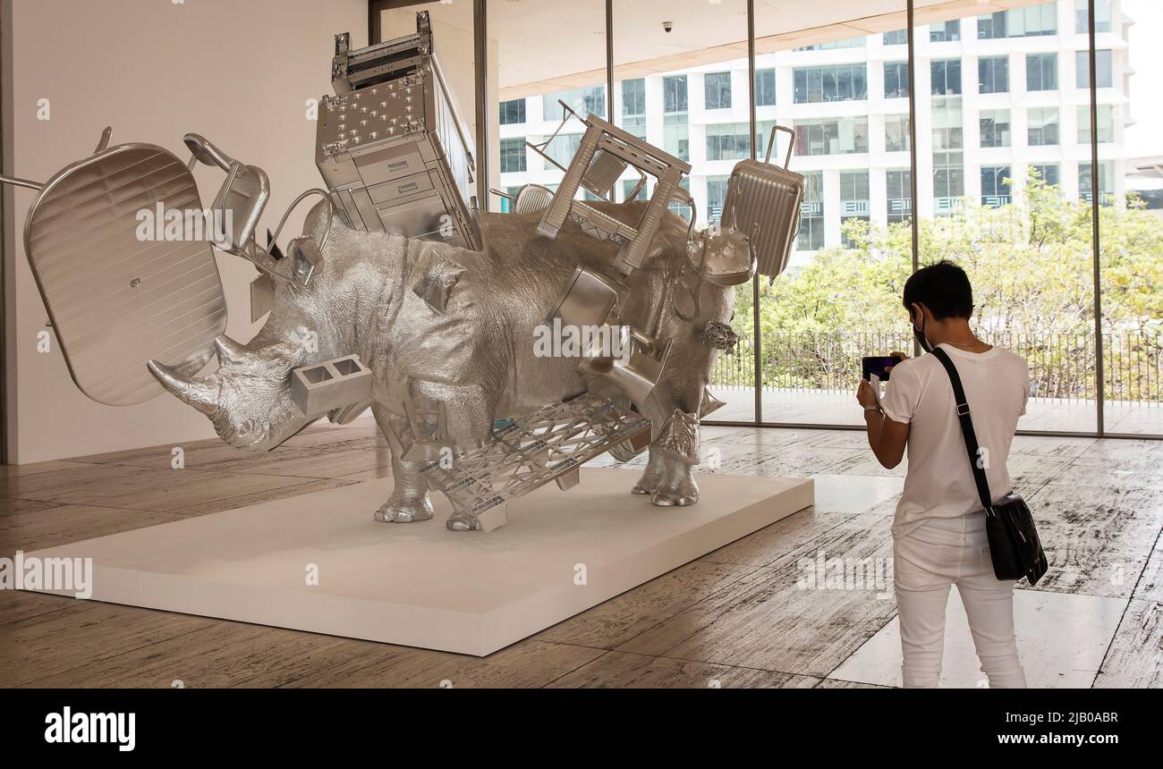 Man photographs the lifesize silver rhino artwork by Swiss conceptual artist Urs Fischer in the Jumex Museum of Contemporary Art, Polanco, Mexico City Stock Photo