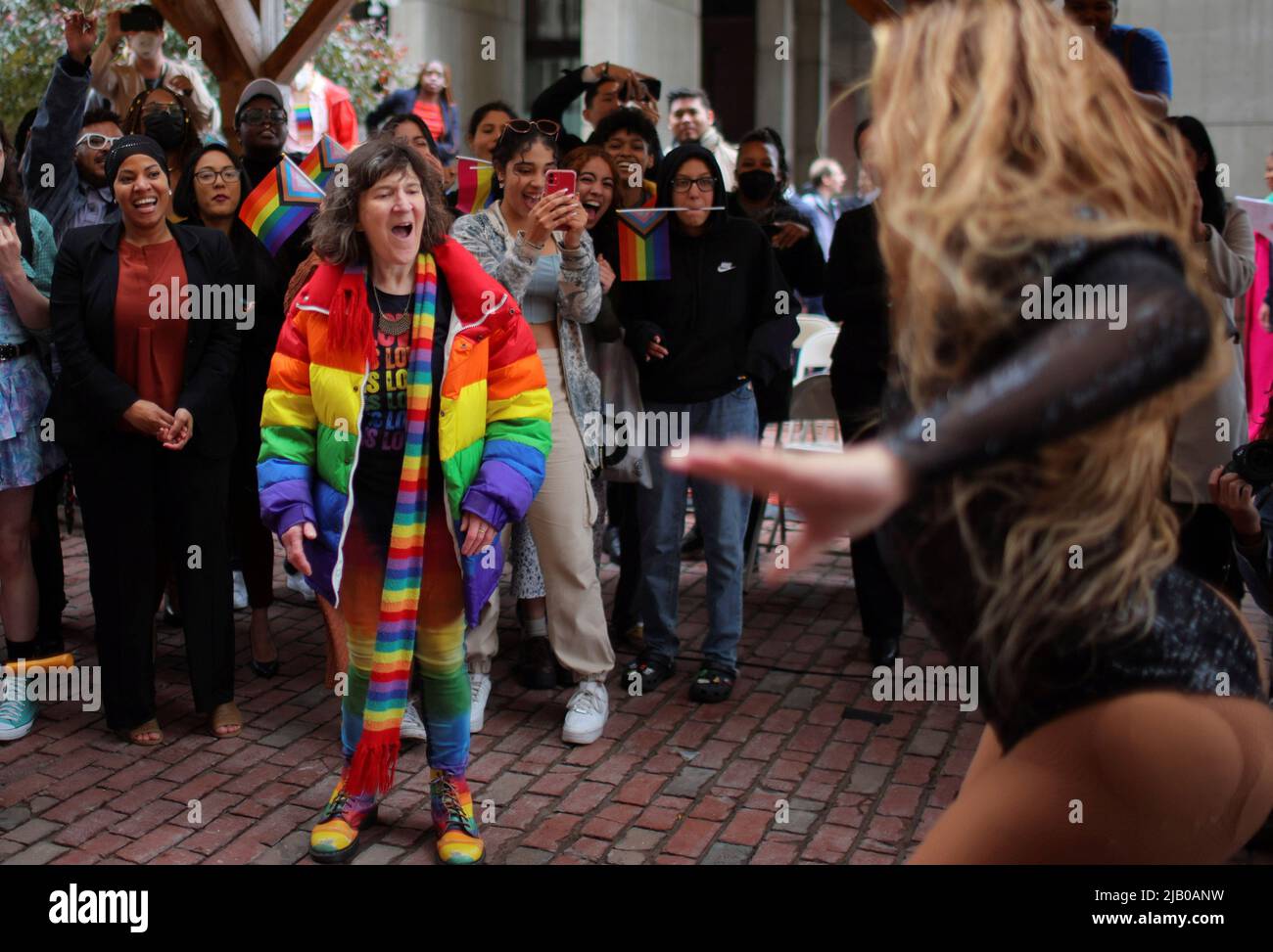 Candace Persuasian performs at the City of Boston's Pride Kickoff event, celebrating the start of National LGBTQ+ Pride Month, in Boston, Massachusetts, U.S., June 1, 2022.   REUTERS/Brian Snyder Stock Photo