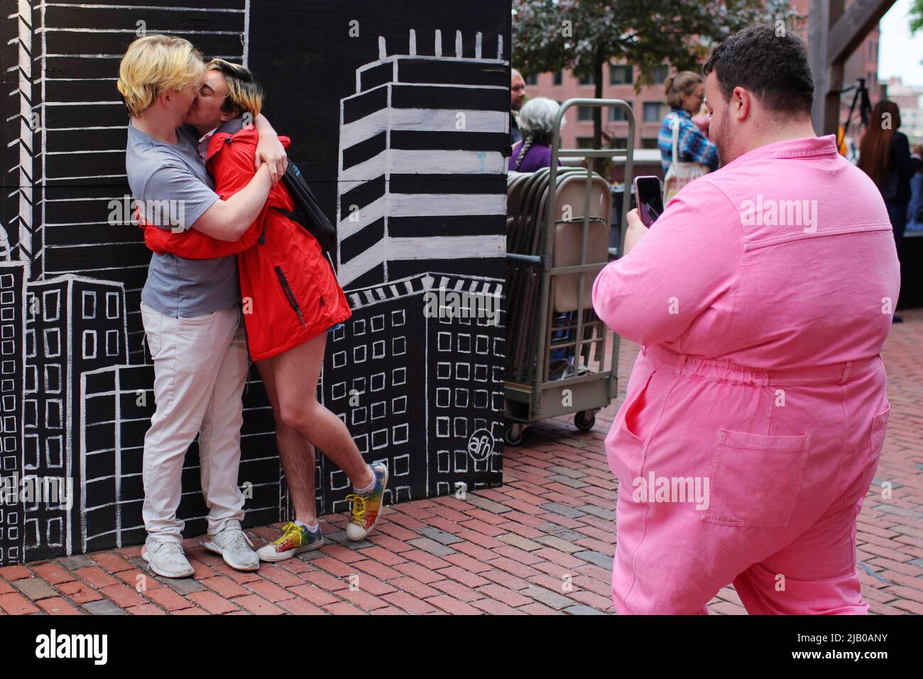Isabella Ferrari and Ben Ra pose for a photograph taken by Jacob deBlecourt at the City of Boston's Pride Kickoff event, celebrating the start of National LGBTQ+ Pride Month, in Boston, Massachusetts, U.S., June 1, 2022.   REUTERS/Brian Snyder Stock Photo