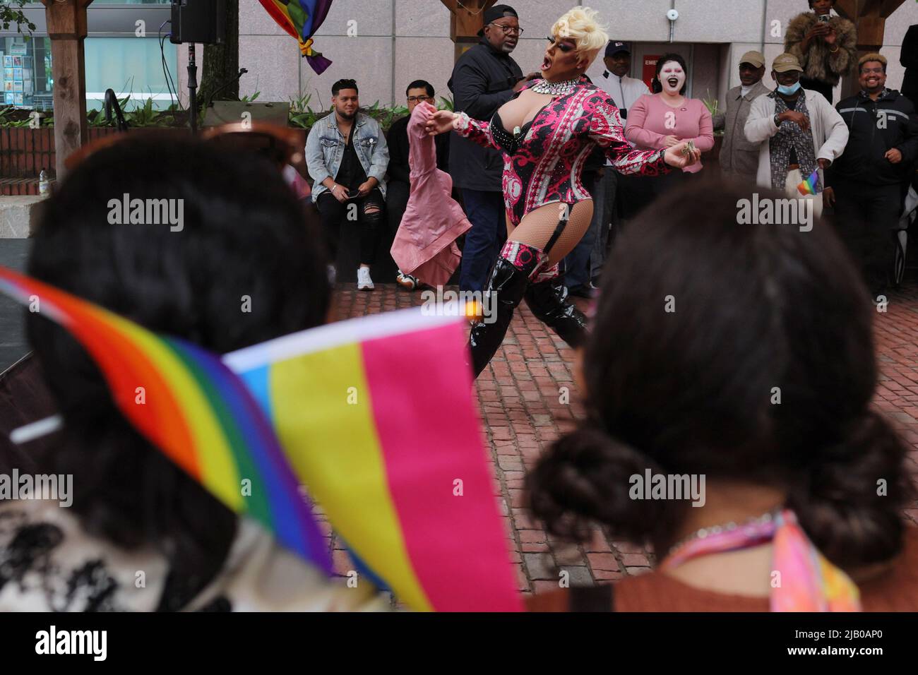 Amanda Playwith performs at the City of Boston's Pride Kickoff event, celebrating the start of National LGBTQ+ Pride Month, in Boston, Massachusetts, U.S., June 1, 2022.   REUTERS/Brian Snyder Stock Photo