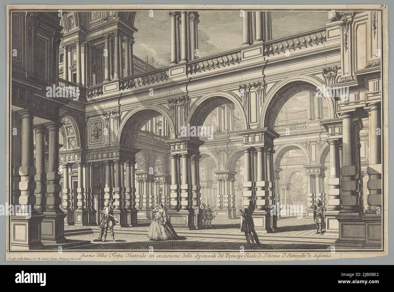 Theater scene with fantastic architecture in the type Capriccio  celebrating the engagement of Prince Frederick August II (August III Sasa) with Maria Józefa. Pfeffel, Johann Andreas (1674 1748), Bibiena, Giuseppe Galli (1696 1757) Stock Photo