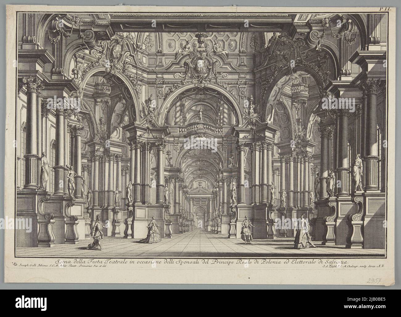 The theater scene in the form of fancy stage architecture  celebrating the engagement of Prince Frederick August II (August III Sasa) with Maria Józefa. Pfeffel, Johann Andreas (1674 1748), Bibiena, Giuseppe Galli (1696 1757) Stock Photo