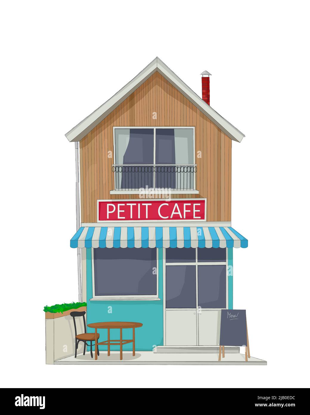 Street view of a small city street cafe with terrace, menu board, table and chair, vector sketch Stock Vector