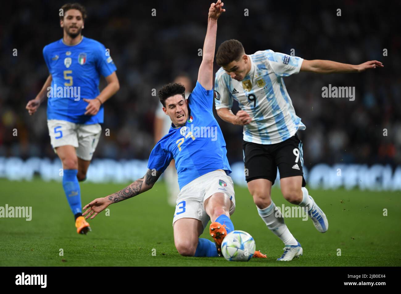 Alessandro Bastoni (Italy)Julian Alvarez (Argentina) during the Uefa  Champions League match between Italy 0-3