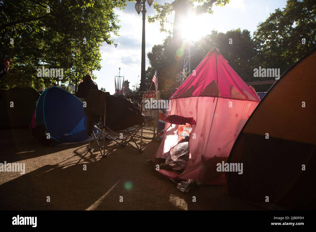 London, UK. Ist June 2022. Royal fans have set up tents along the Mall