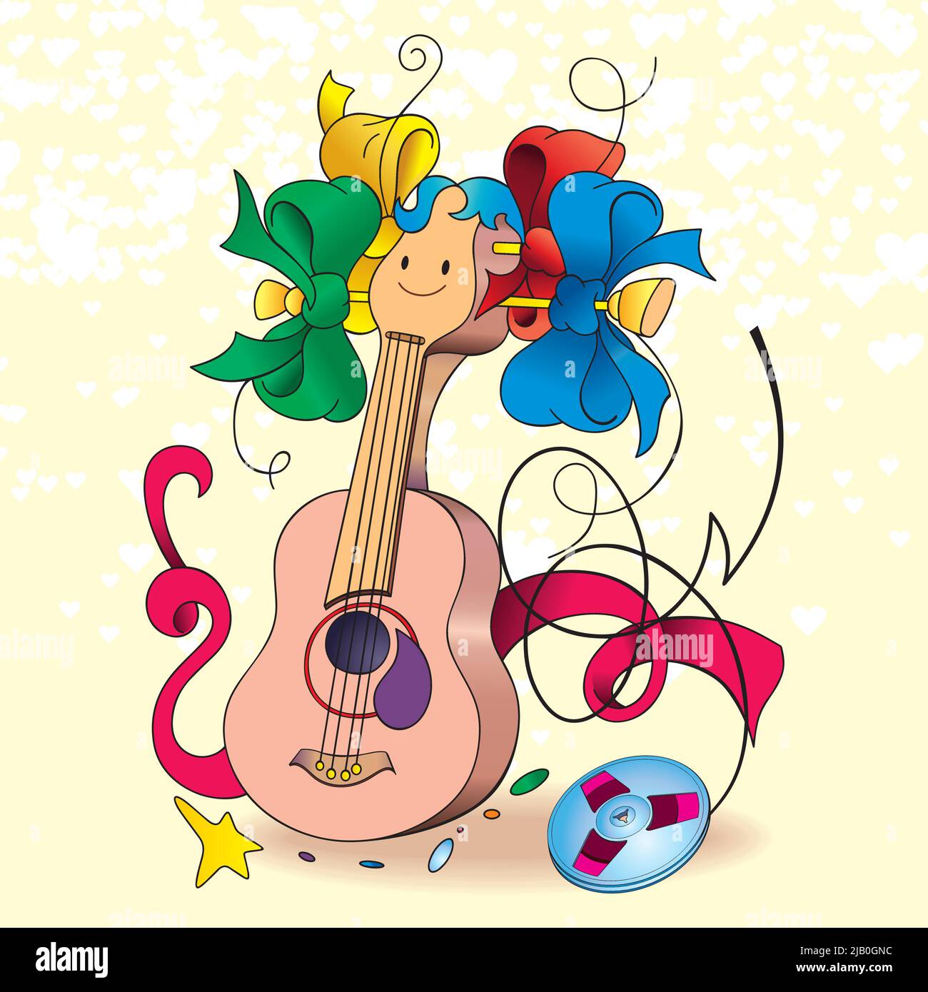 Cheerful Guitar. Musical instruments. Funny guitar in cartoon style