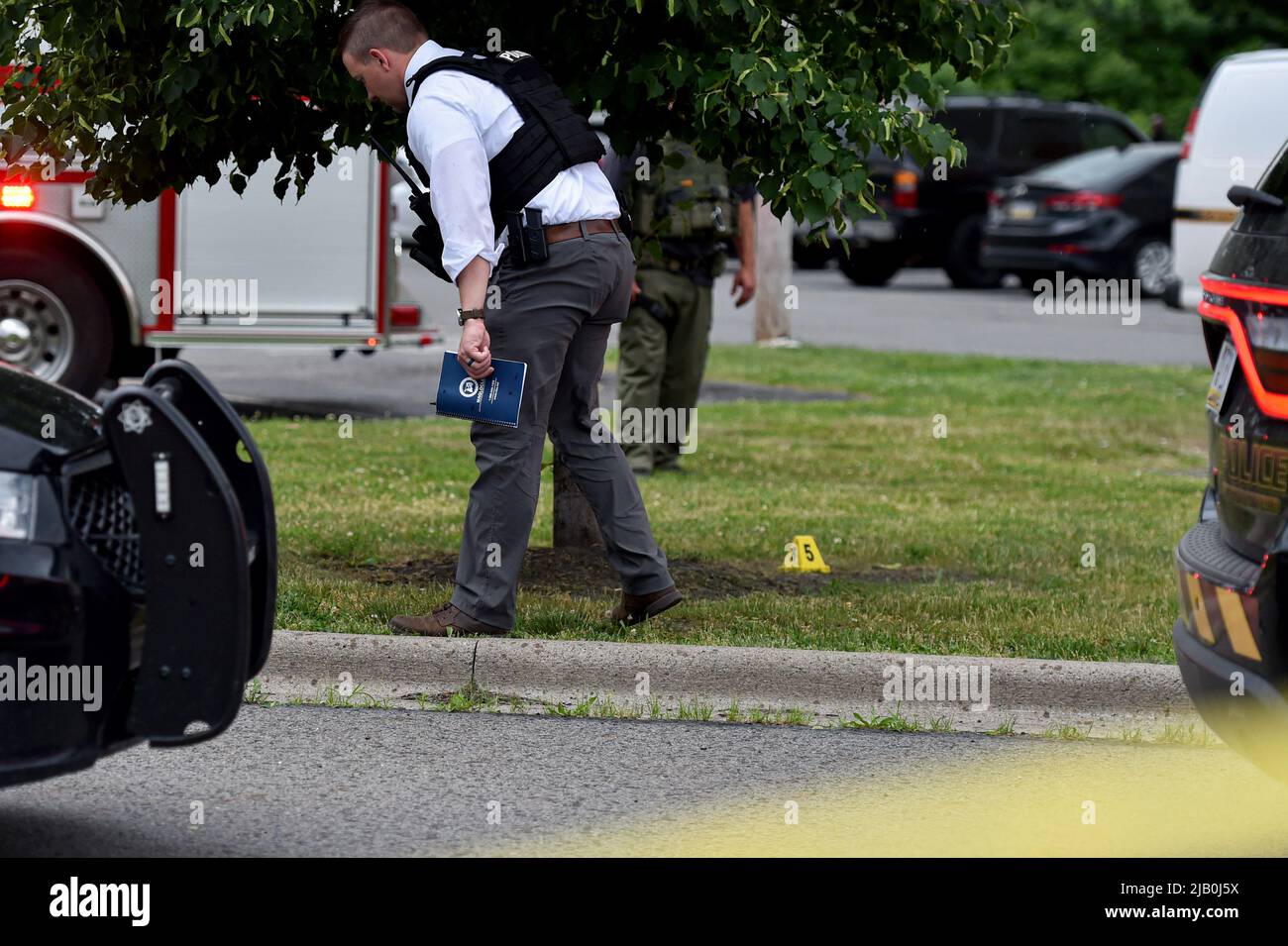 Pittston, United States. 01st June, 2022. A police officer wearing a