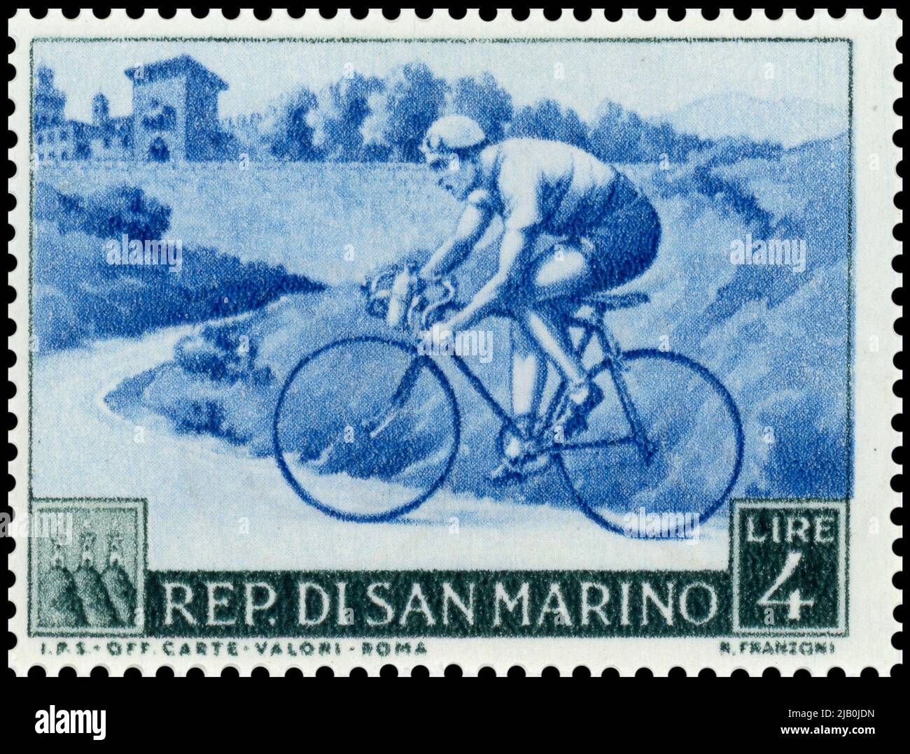 Cyclist on a 1953 San Marino postage stamp Stock Photo