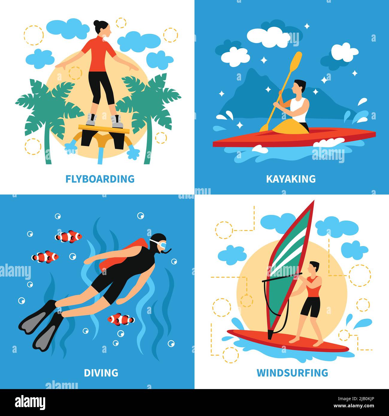 Water Sport Concept. Water Sport Vector Illustration.Water Sport  Flat Icons Set. Water Sport Design Set.Water Sport  Isolated Elements. Stock Vector
