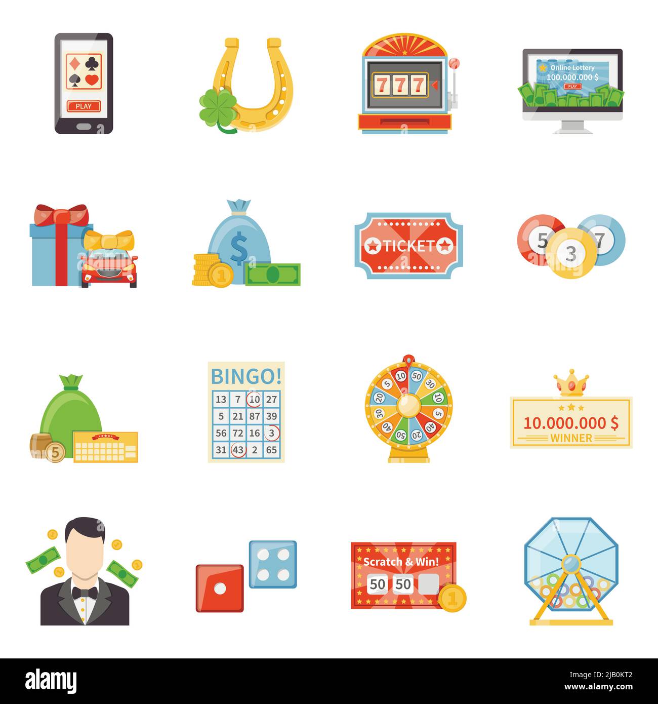 Lottery and jackpot decorative icons with fortune wheel winner ticket scratch card  lottery drum flat vector illustration Stock Vector
