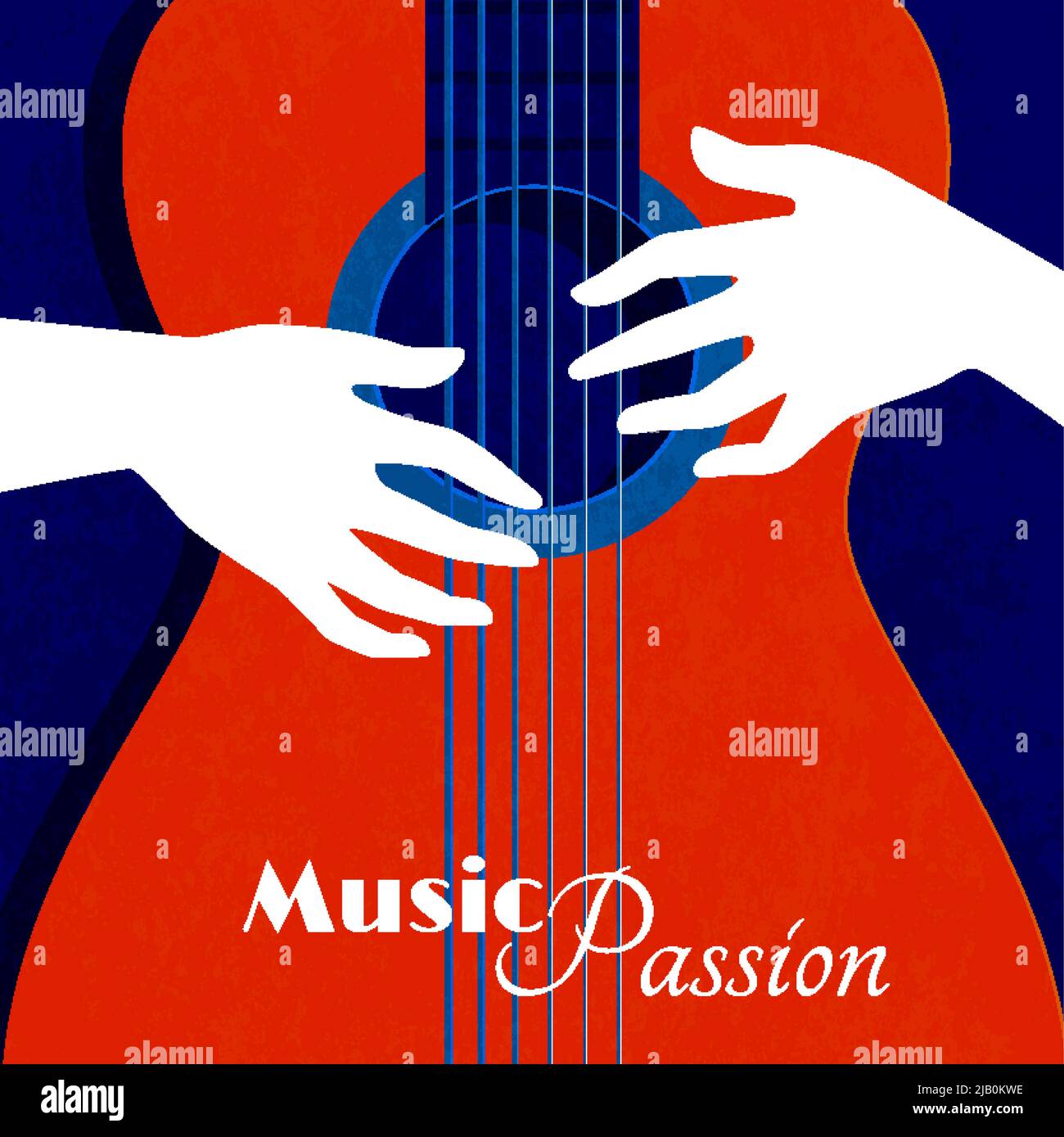 Music passion poster with red guitar silhouette on blue background and male hands on strings flat vector illustration Stock Vector