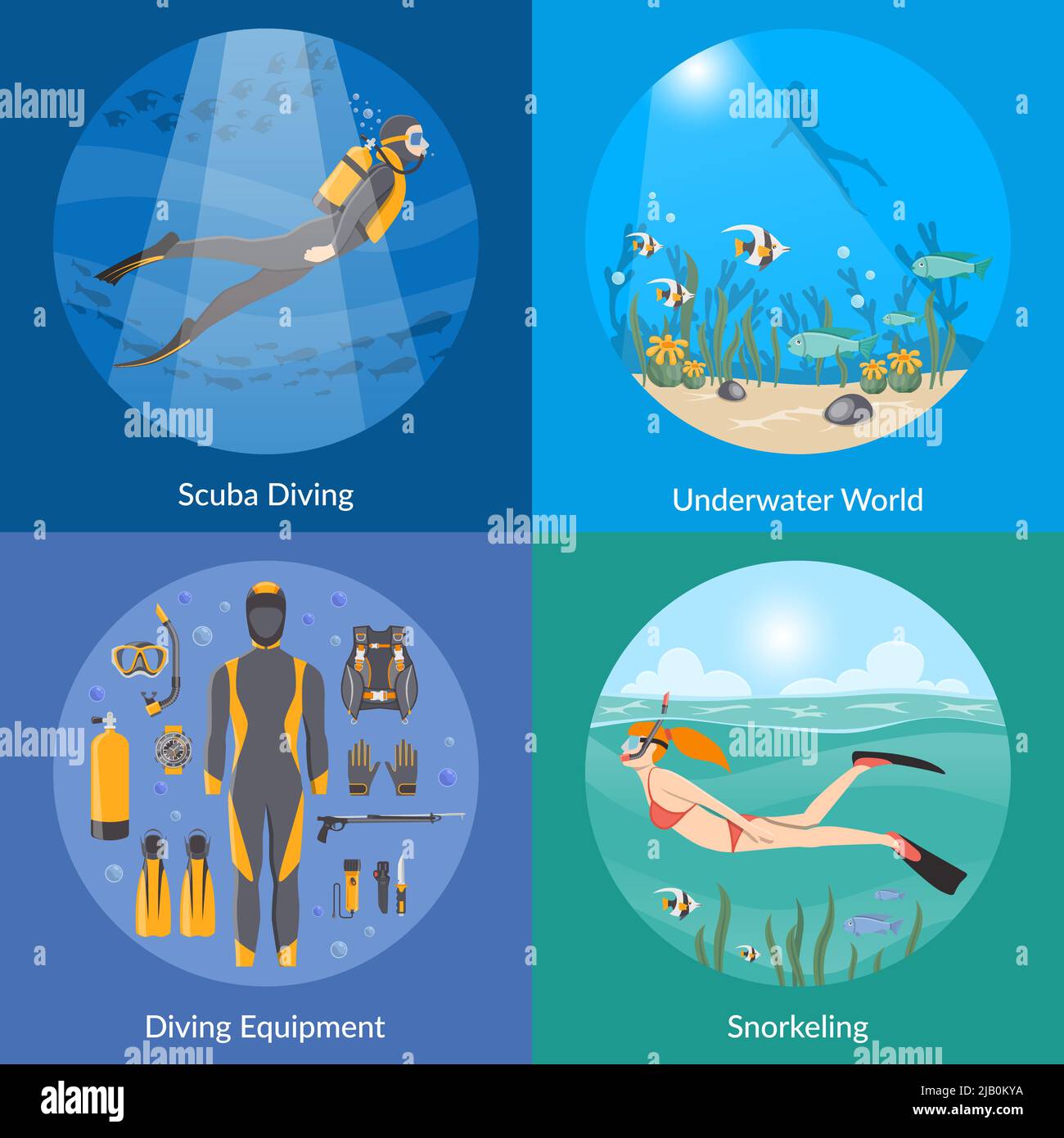 Diving and snorkeling 2x2 design concept set with diving equipment