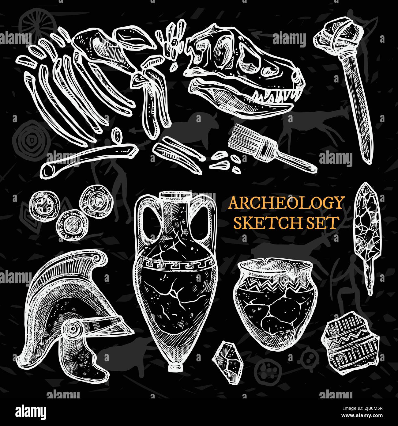 Archeology chalkboard sketch set of ancient ceramic pitchers knight