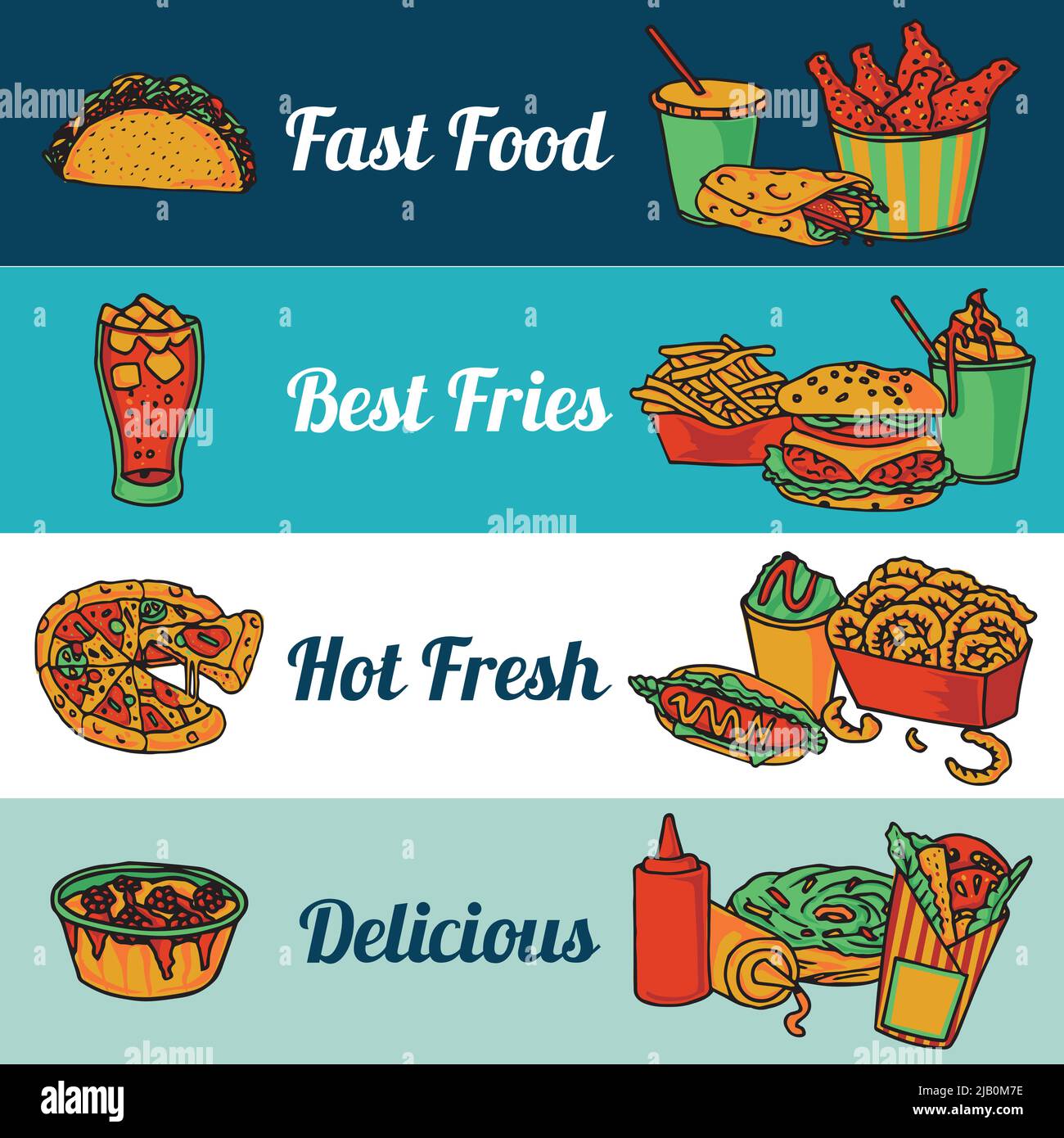 Fast food restaurant menu with pizza and hot drumsticks flat horizontal ...