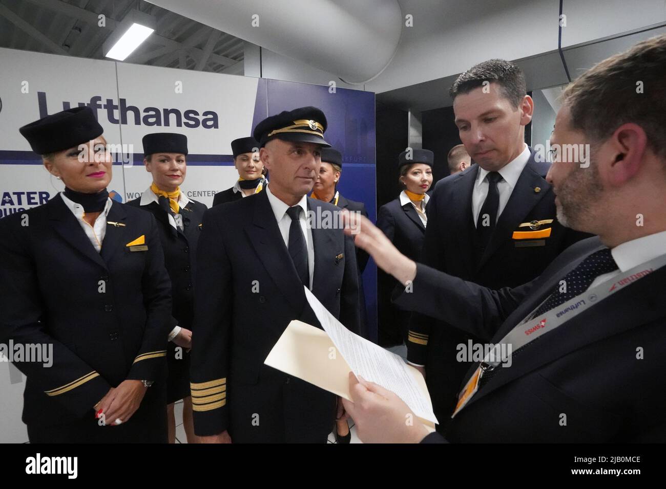 St. Louis, United States. 01st June, 2022. A Lufthansa flight crew gets  final instructions for their upcoming flight to Germany at St.  Louis-Lambert International Airport in St. Louis on Wednesday, June 1,