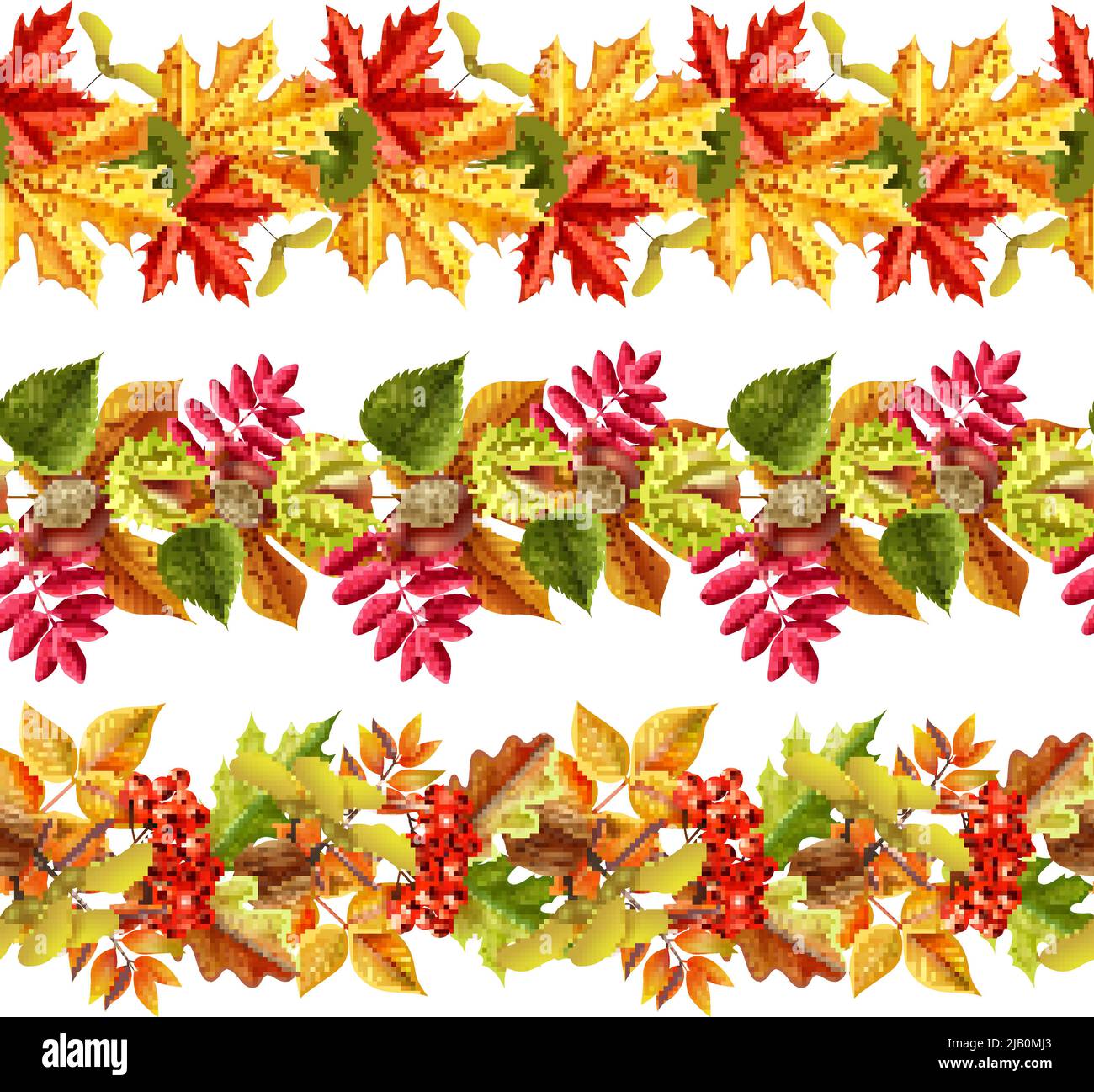 Seamless borders with bright autumn leaves chestnuts and rowan on white ...