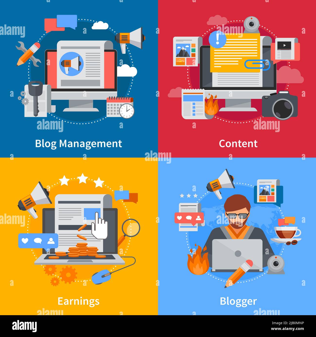 Blogging flat 2x2 icons set with blogger blog management content and earrings on colorful backgrounds isolated vector illustration Stock Vector