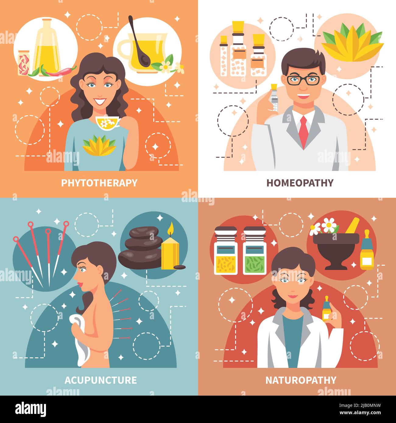 Alternative medicine 2x2 concept set of homeopathy phytotherapy naturopathy acupuncture  flat design compositions vector illustration Stock Vector