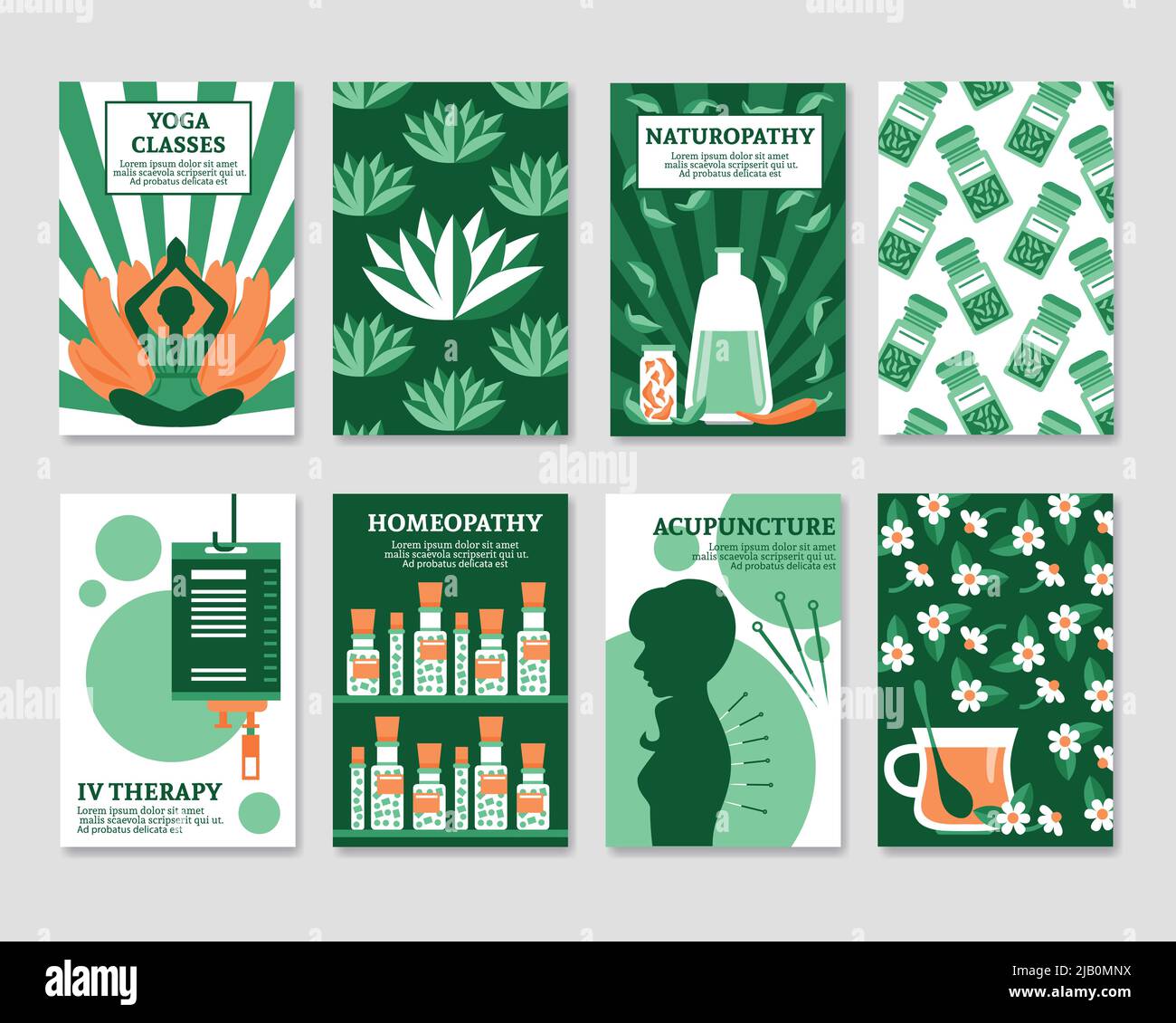 Alternative medicine cards set for yoga studio shop pharmacy relax or spa center flat vector illustration Stock Vector