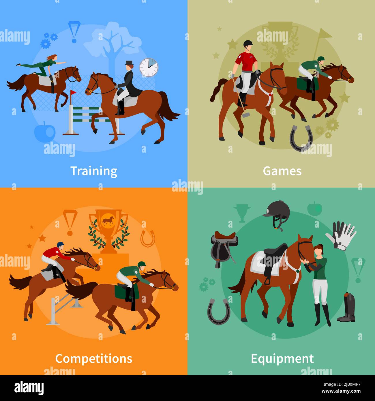 Horse rising sport 2x2 flat concept set of jockey equipment training