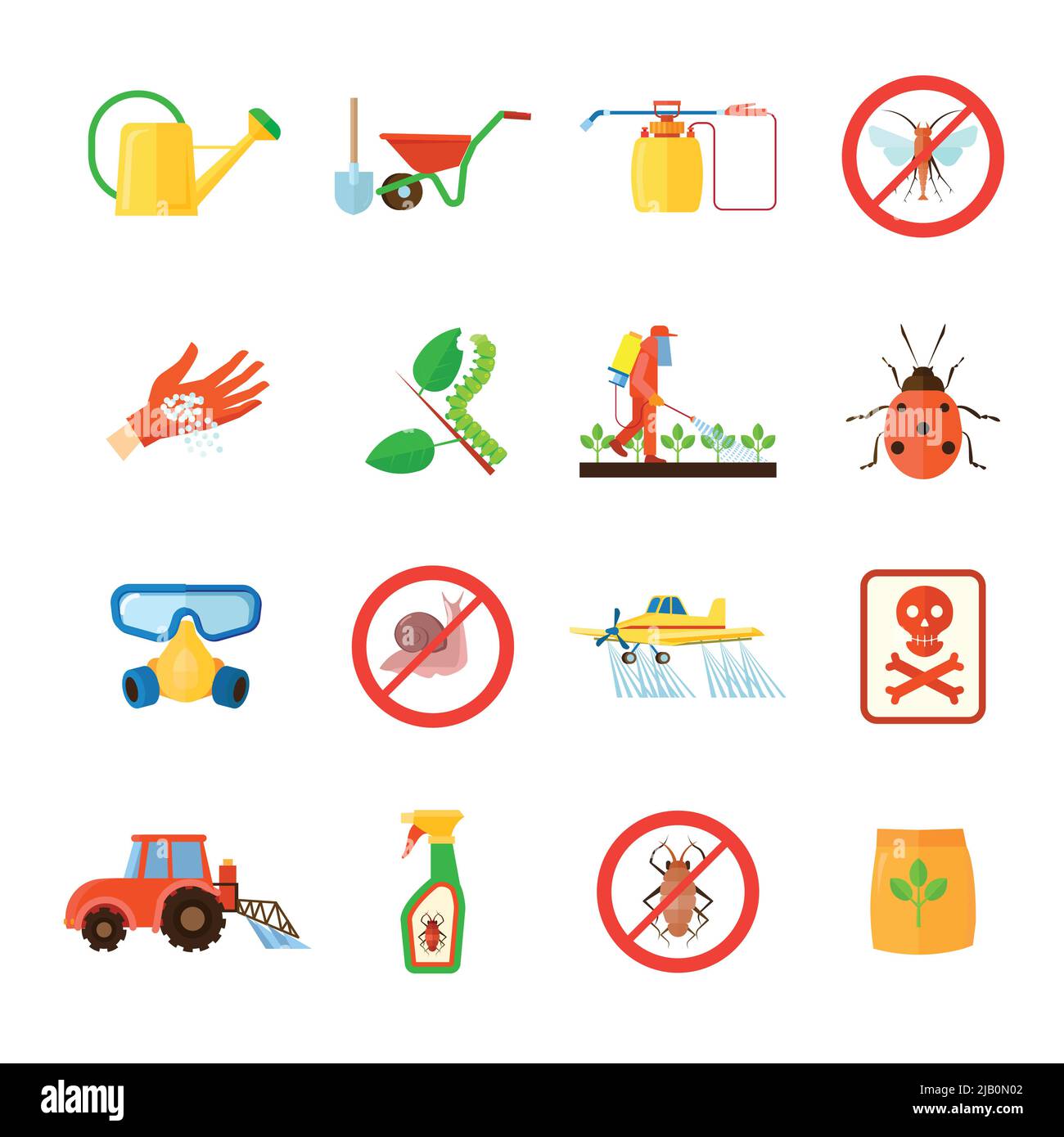 Pesticides and fertilizers icons set with special equipment symbols ...